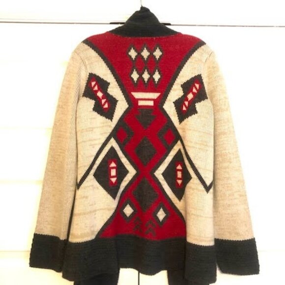 ECOTE x URBAN OUTFITTERS Tribal Pattern Open Cardigan Sweater Sand\Red M - Picture 3 of 5